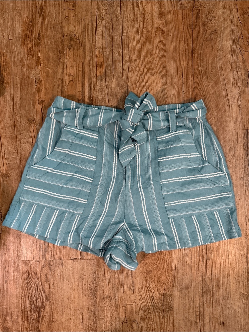O'Neill Teal Striped High-Waist Tie-Belt Shorts